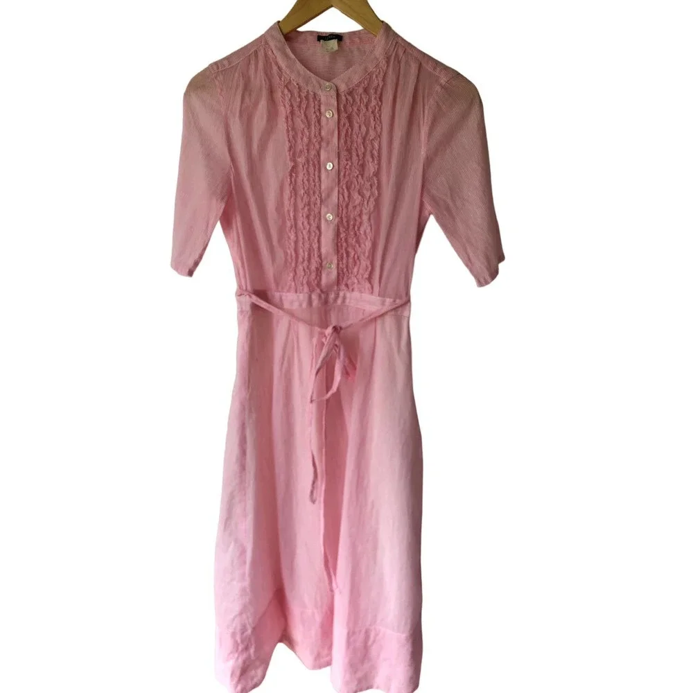 J. Crew Pink Midi Dress with Tie Waist and Pintuck Front